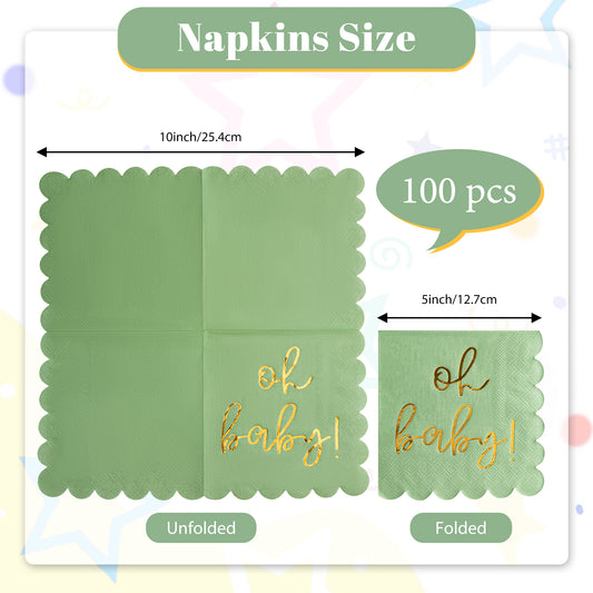 100Pcs Baby Shower Napkins, Folded 5 x 5 Inch Cocktail Napkins Paper, “Oh Baby" Printed Sage Green Napkins Paper Baby Shower Decorations for Dessert Birthday Party Celebrations