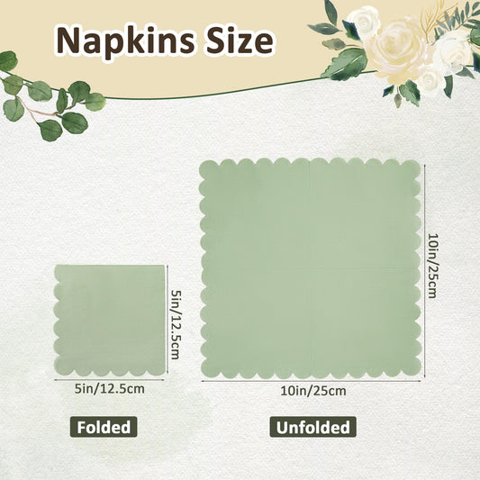 100 Pcs Sage Green Napkins Scalloped Edged Dessert Cocktail Napkins Folded 5 x 5 Inches Disposable Napkins for Dinner Wedding Birthday Party