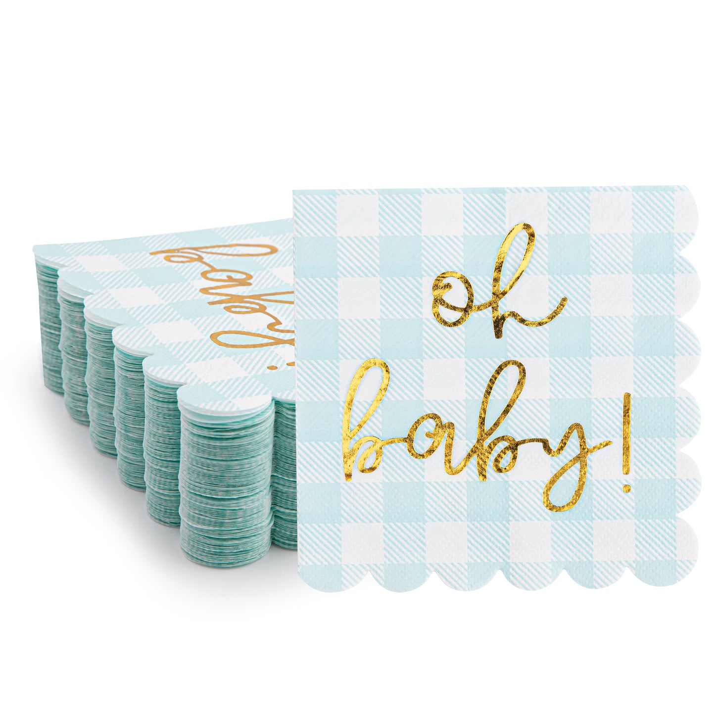 100 Pcs Baby Shower Napkin Plaid Cocktail Napkins Folded 5 x 5 Inches Disposable Paper Gold Foil “Oh Baby" Printed Napkins for Birthday Party Celebrations
