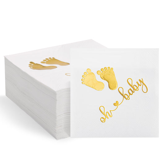 100Pcs Baby Shower Napkins, Folded 5 x 5 Inch Cocktail Napkins Paper, 3-Ply “Oh Baby" Printed Napkins Paper Baby Shower Decorations for Dessert Birthday Party Celebrations