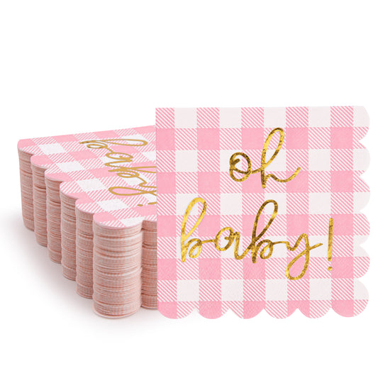 100 Pcs Baby Shower Napkin Plaid Cocktail Napkins Folded 5 x 5 Inches Disposable Paper Gold Foil “Oh Baby" Printed Napkins for Birthday Party Celebrations
