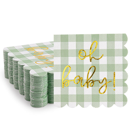 100 Pcs Baby Shower Napkin Plaid Cocktail Napkins Folded 5 x 5 Inches Disposable Paper Gold Foil “Oh Baby" Printed Napkins for Birthday Party Celebrations