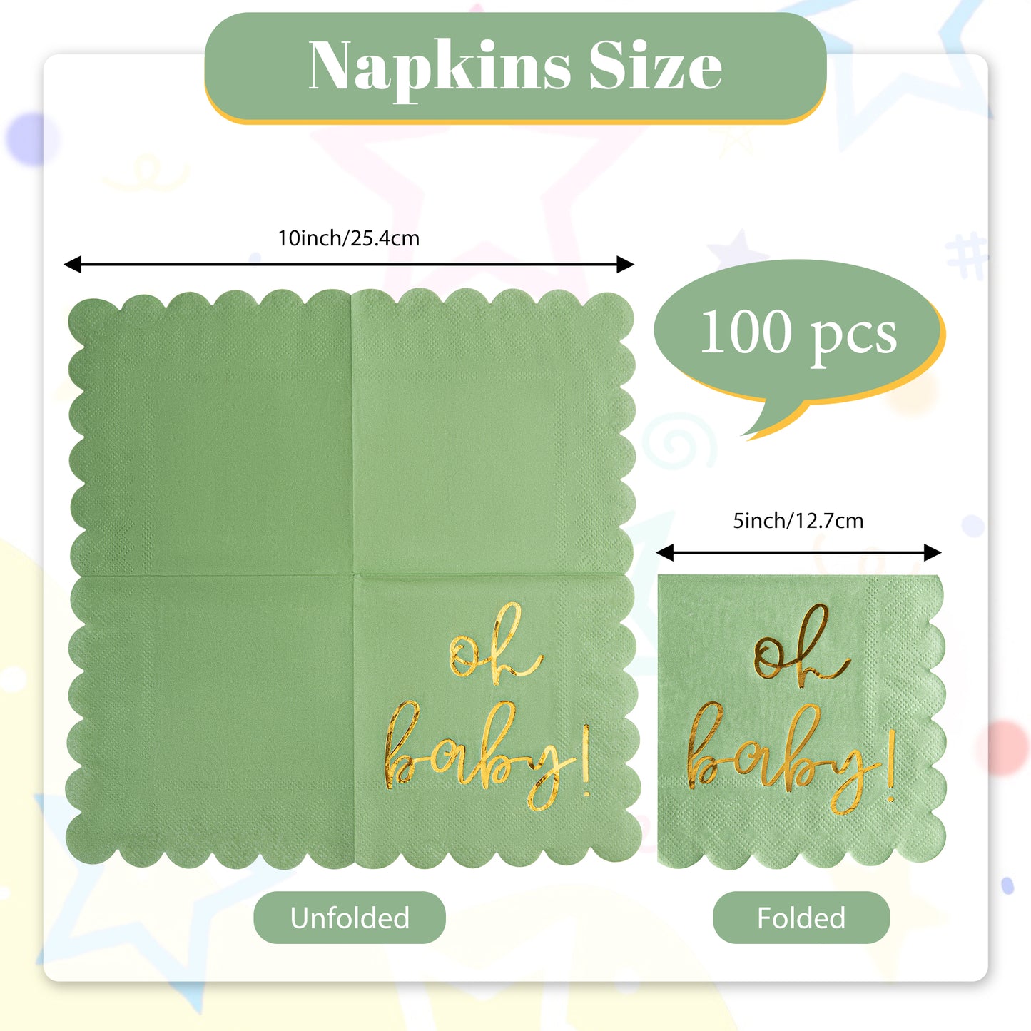 100Pcs Baby Shower Napkins, Folded 5 x 5 Inch Cocktail Napkins Paper, “Oh Baby" Printed Sage Green Napkins Paper Baby Shower Decorations for Dessert Birthday Party Celebrations