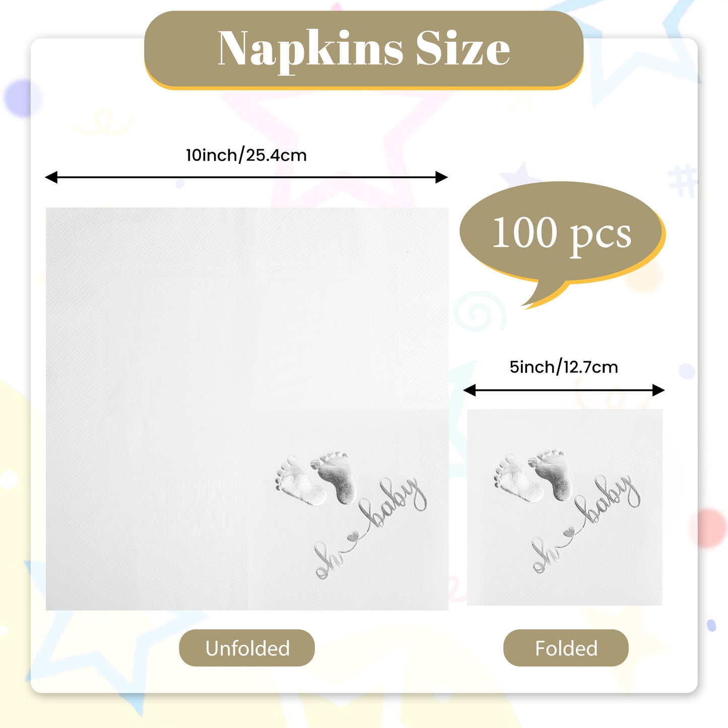 100Pcs Baby Shower Napkins, Folded 5 x 5 Inch Cocktail Napkins Paper, 3-Ply “Oh Baby" Printed Napkins Paper Baby Shower Decorations for Dessert Birthday Party Celebrations