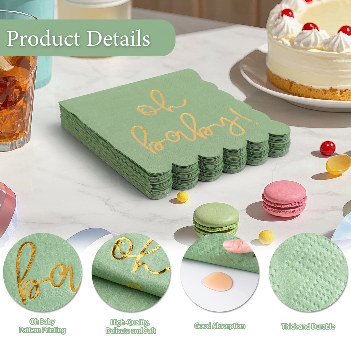 100Pcs Baby Shower Napkins, Folded 5 x 5 Inch Cocktail Napkins Paper, “Oh Baby" Printed Sage Green Napkins Paper Baby Shower Decorations for Dessert Birthday Party Celebrations