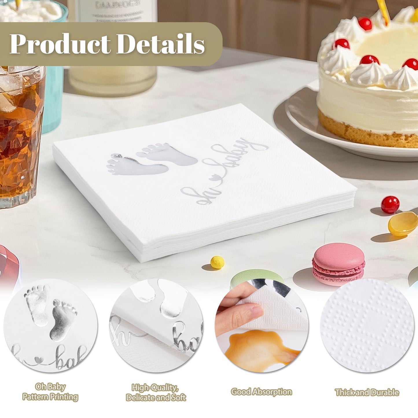 100Pcs Baby Shower Napkins, Folded 5 x 5 Inch Cocktail Napkins Paper, 3-Ply “Oh Baby" Printed Napkins Paper Baby Shower Decorations for Dessert Birthday Party Celebrations