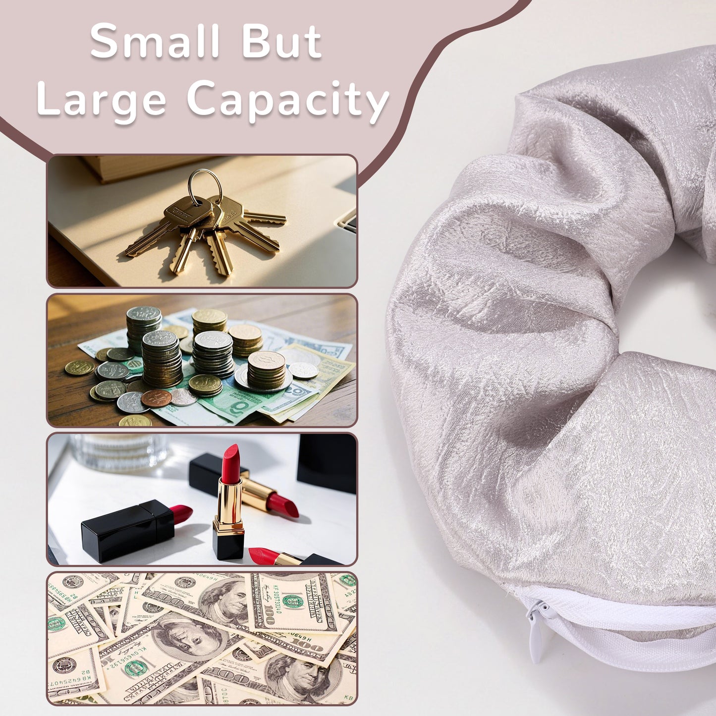 5 Pack Hair Scrunchies with Zipper Pocket, Scrunchies for Women with Secret Storage, Hidden Safe for Keys, Cash, Cards, Valuables