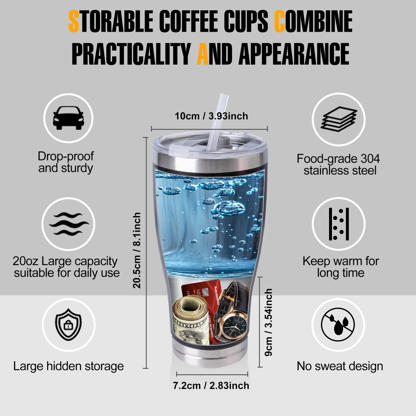 20oz Hidden Safe Water Bottle, Stainless Steel Secret Water Bottle with Hidden Compartment, Keeps Your Valuables Safe Like Money, Keys, and Jewelry