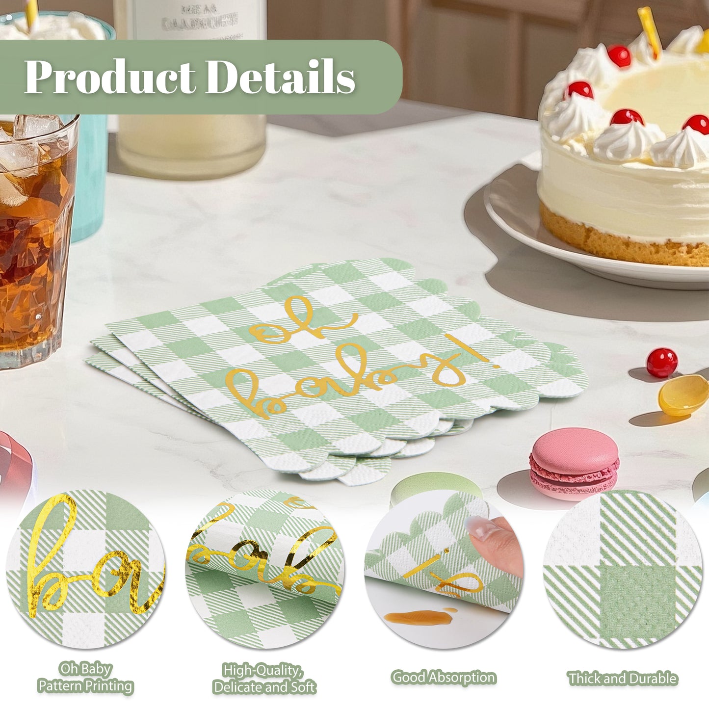 100 Pcs Baby Shower Napkin Plaid Cocktail Napkins Folded 5 x 5 Inches Disposable Paper Gold Foil “Oh Baby" Printed Napkins for Birthday Party Celebrations