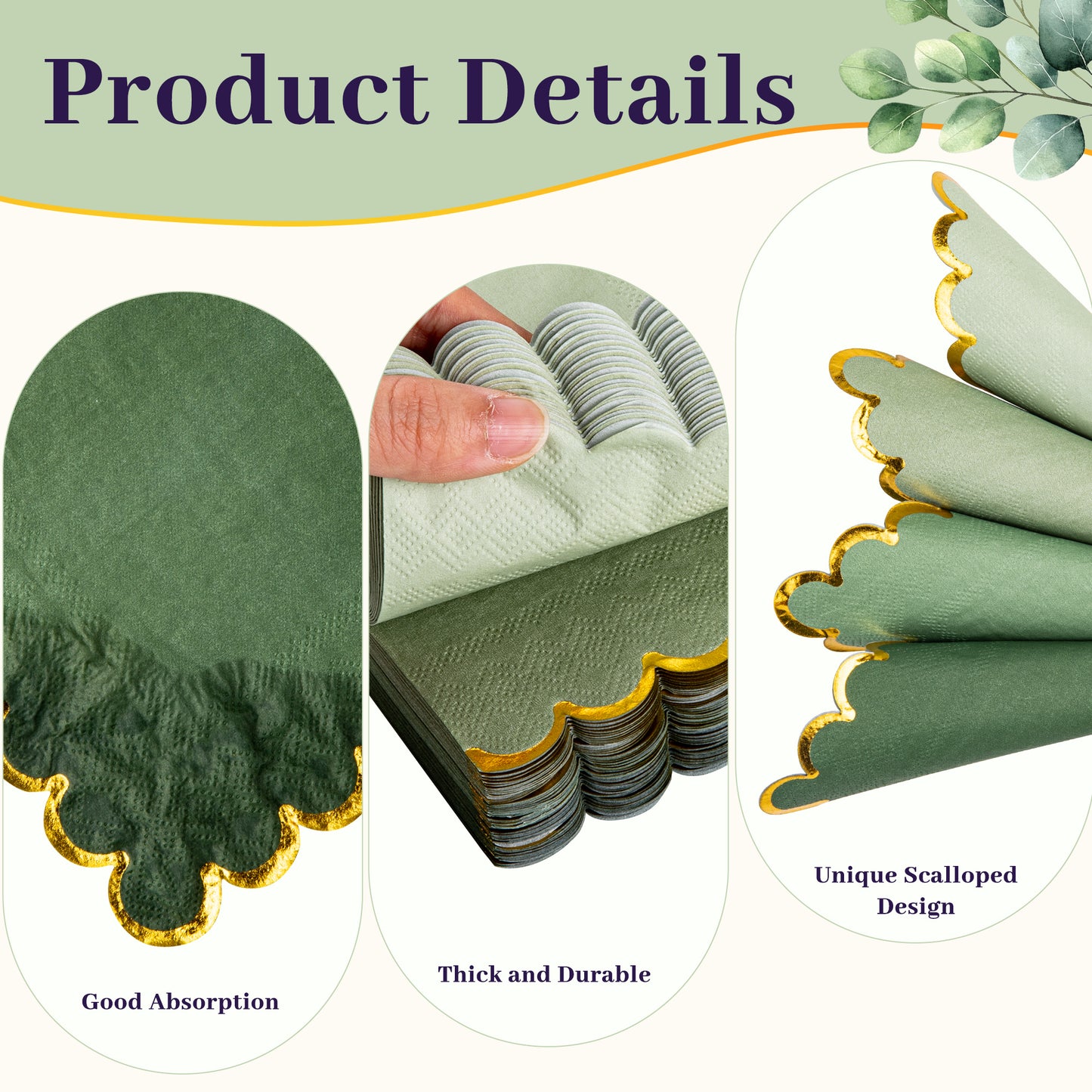 100 Pcs Cocktail Napkins with Gold Foil Scalloped Edges 5 x 5 Inch Party Napkins Disposable Thick Paper for Wedding Dinner Birthday