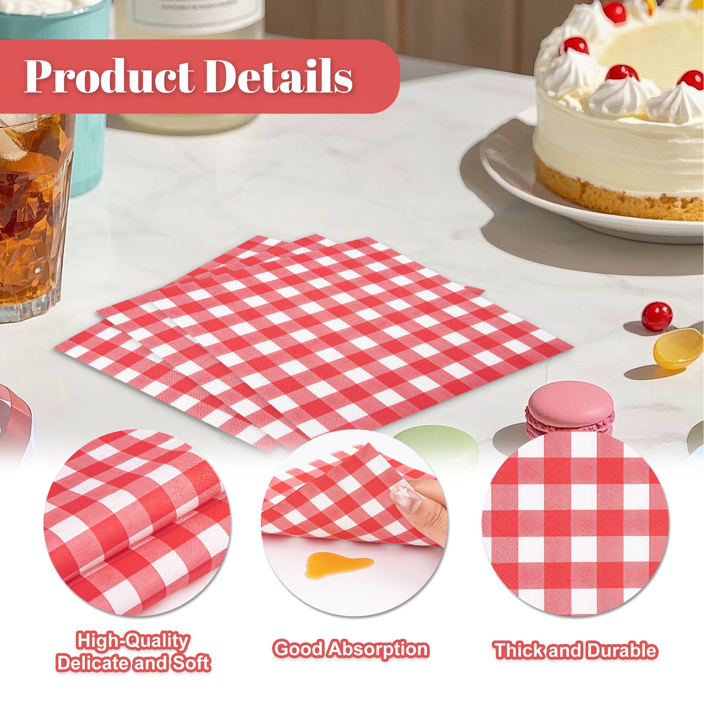 Disposable Gingham Paper Napkins 80 Pcs Plaid Napkins Scalloped Cocktail Napkins Folded 6.5 x 6.5 Inches Dessert Disposable Napkins for Dinner Wedding Birthday Party, 3-Ply