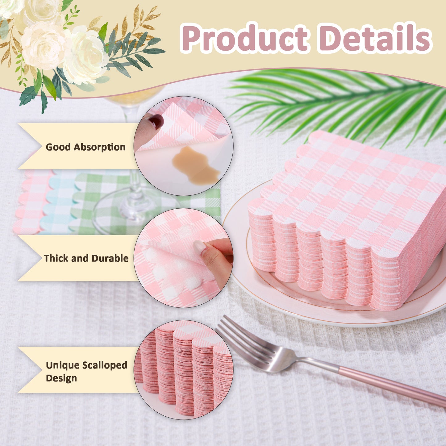 100 Pcs Plaid Napkins Scalloped Cocktail Napkins Folded 5 x 5 Inches Dessert Disposable Napkins for Dinner Wedding Birthday Party