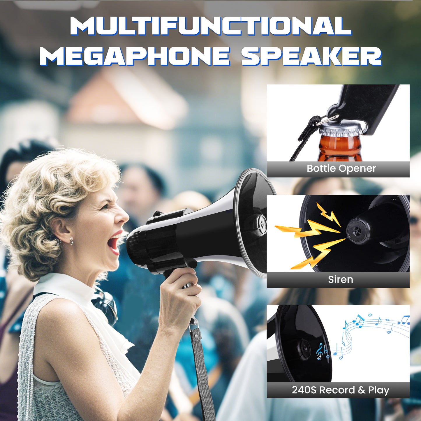 30 Watt Power Portable Megaphone Bullhorn Speaker Voice, Siren/Alarm and 240S Recording with Volume Control and Strap