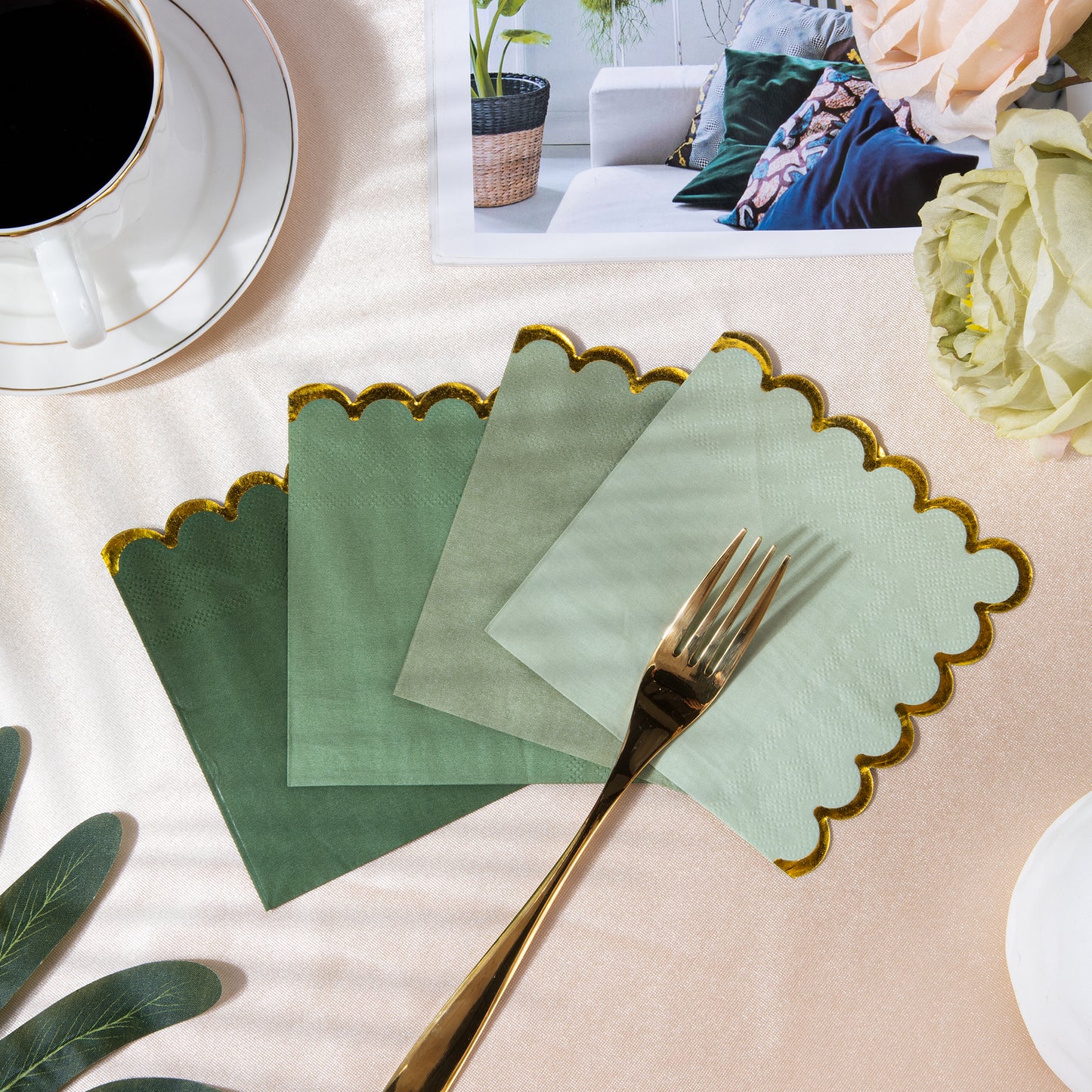 100 Pcs Cocktail Napkins with Gold Foil Scalloped Edges 5 x 5 Inch Party Napkins Disposable Thick Paper for Wedding Dinner Birthday