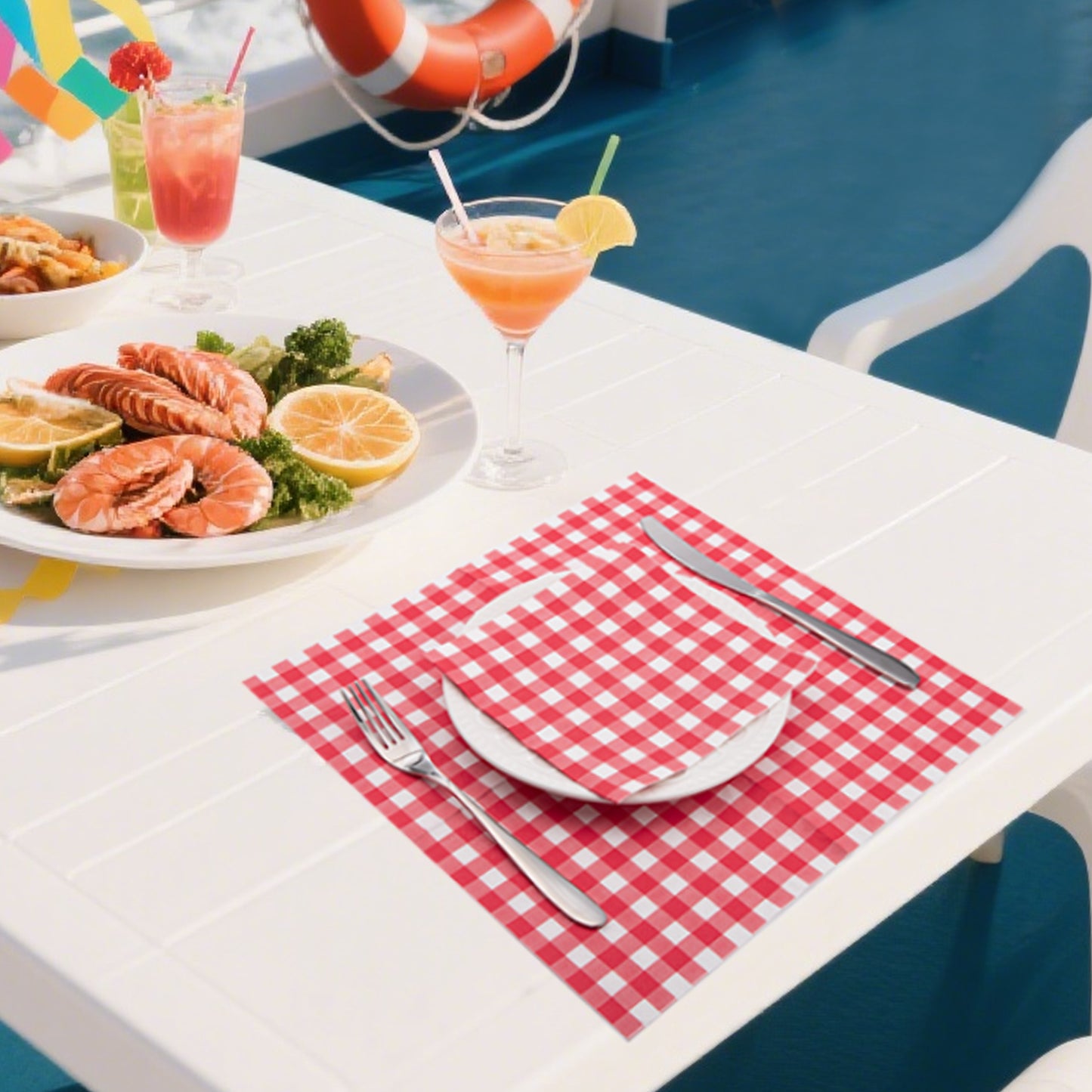 Disposable Gingham Paper Napkins 80 Pcs Plaid Napkins Scalloped Cocktail Napkins Folded 6.5 x 6.5 Inches Dessert Disposable Napkins for Dinner Wedding Birthday Party, 3-Ply