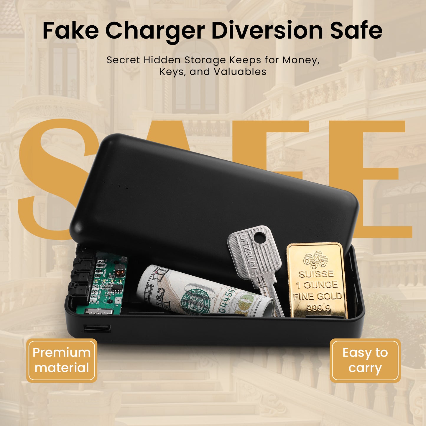 Hidden Safe Power Bank, Fake Power Charger Diversion Safe, Large Hidden Storage Box, Secret Safe Keeps Cash, Keys, Jewelry, and Valuables for Home, Travel, and Office
