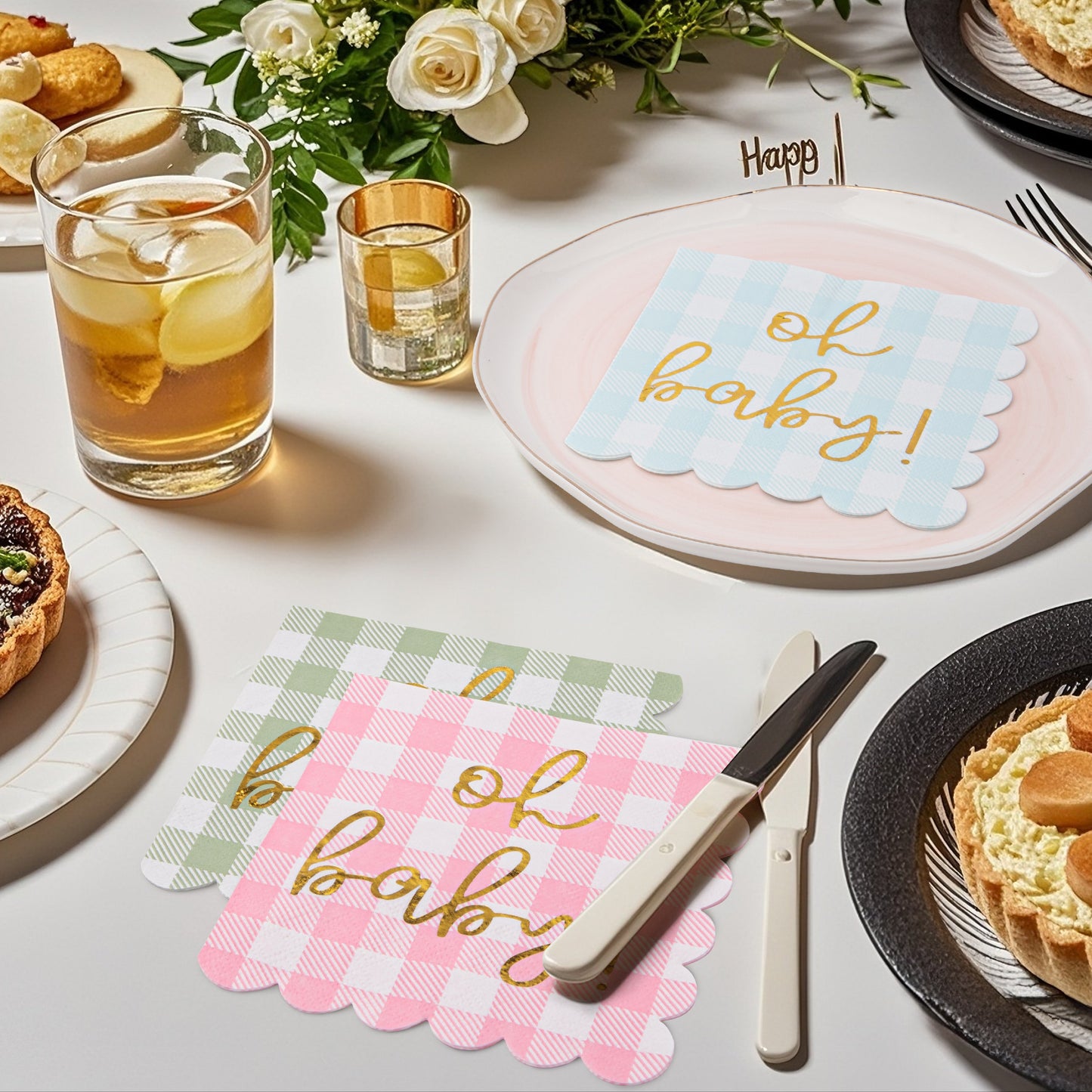 100 Pcs Baby Shower Napkin Plaid Cocktail Napkins Folded 5 x 5 Inches Disposable Paper Gold Foil “Oh Baby" Printed Napkins for Birthday Party Celebrations