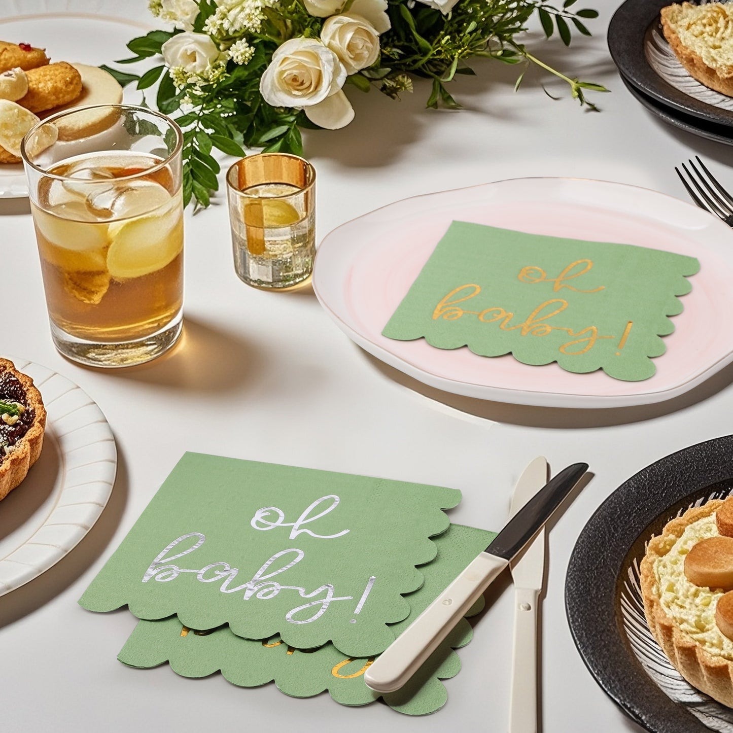 100Pcs Baby Shower Napkins, Folded 5 x 5 Inch Cocktail Napkins Paper, “Oh Baby" Printed Sage Green Napkins Paper Baby Shower Decorations for Dessert Birthday Party Celebrations