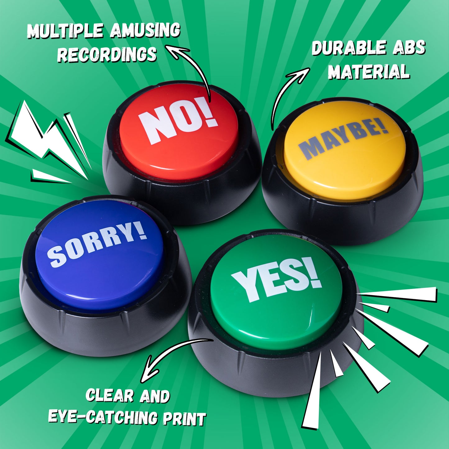 Yes & No Button and Sorry & Maybe Button with Sound 4 Pack Buzzers for Trivia Games and Family Game Answer Buzzers for Classroom Parties, Games, Office Stress Relief