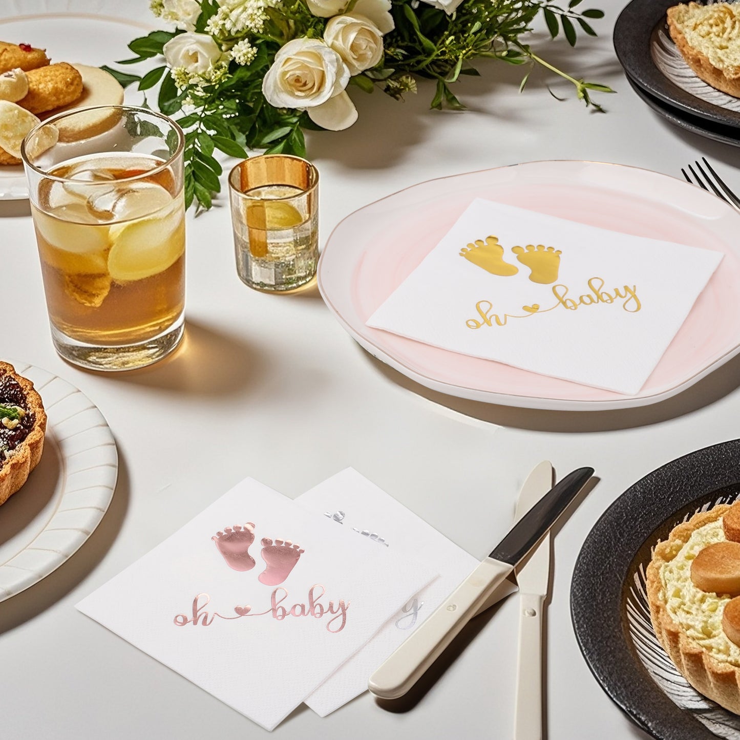 100Pcs Baby Shower Napkins, Folded 5 x 5 Inch Cocktail Napkins Paper, 3-Ply “Oh Baby" Printed Napkins Paper Baby Shower Decorations for Dessert Birthday Party Celebrations