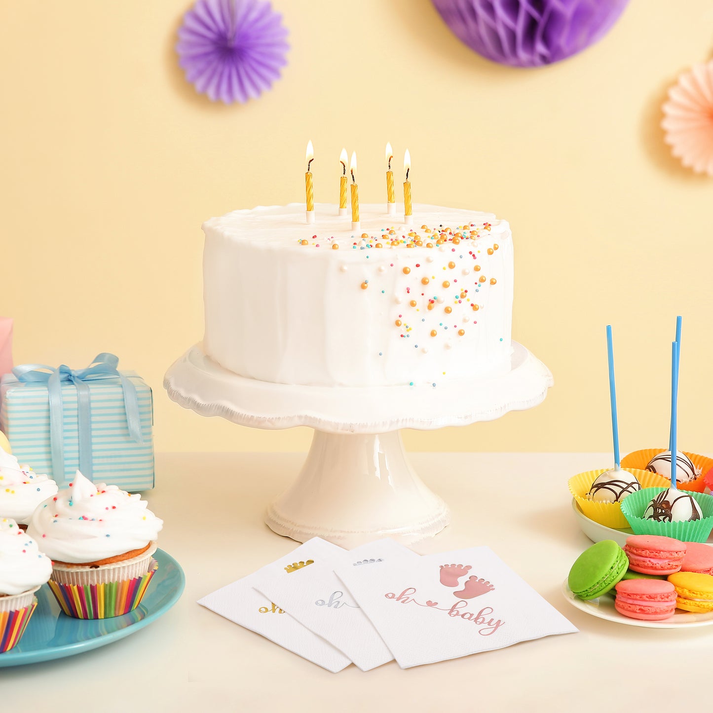 100Pcs Baby Shower Napkins, Folded 5 x 5 Inch Cocktail Napkins Paper, 3-Ply “Oh Baby" Printed Napkins Paper Baby Shower Decorations for Dessert Birthday Party Celebrations