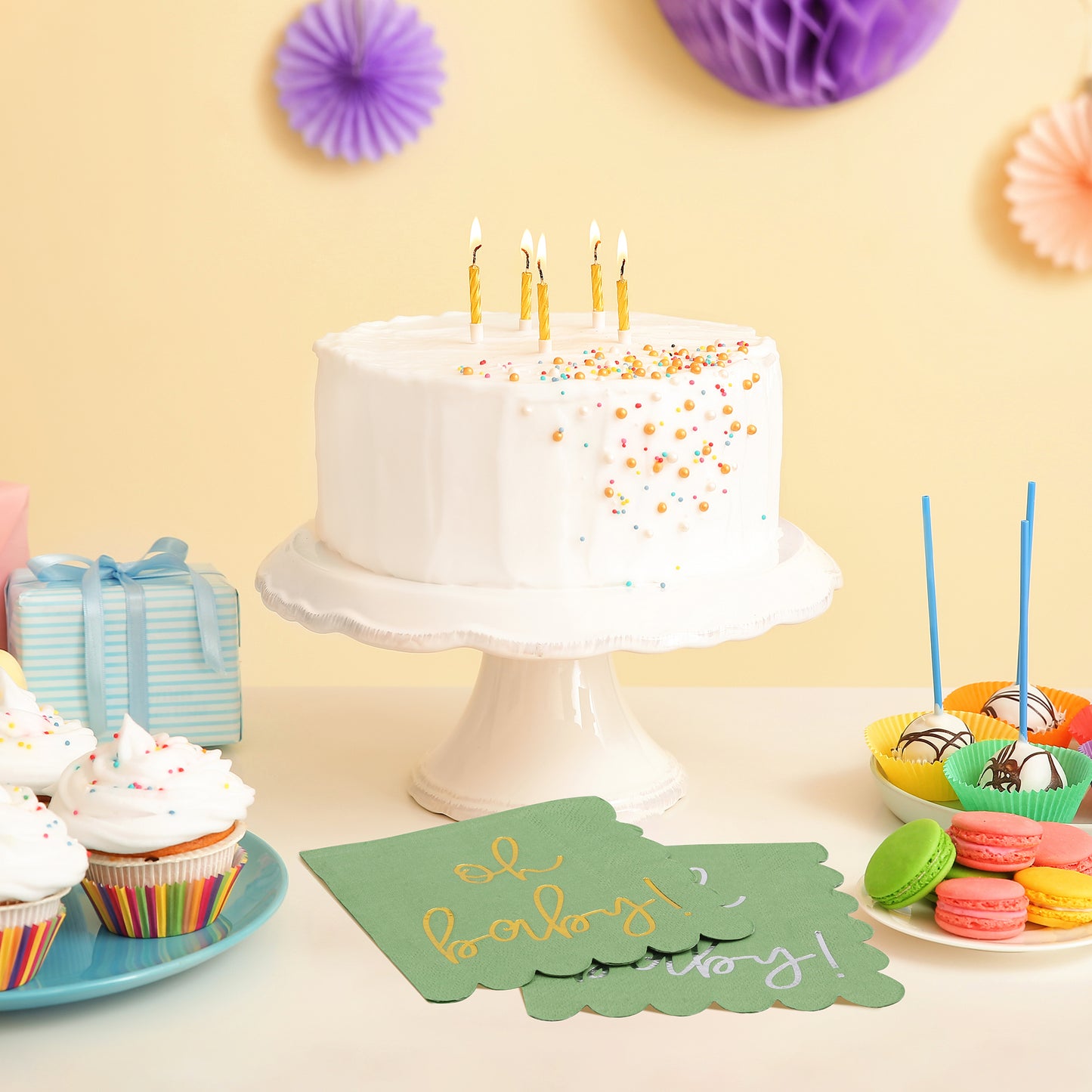 100Pcs Baby Shower Napkins, Folded 5 x 5 Inch Cocktail Napkins Paper, “Oh Baby" Printed Sage Green Napkins Paper Baby Shower Decorations for Dessert Birthday Party Celebrations