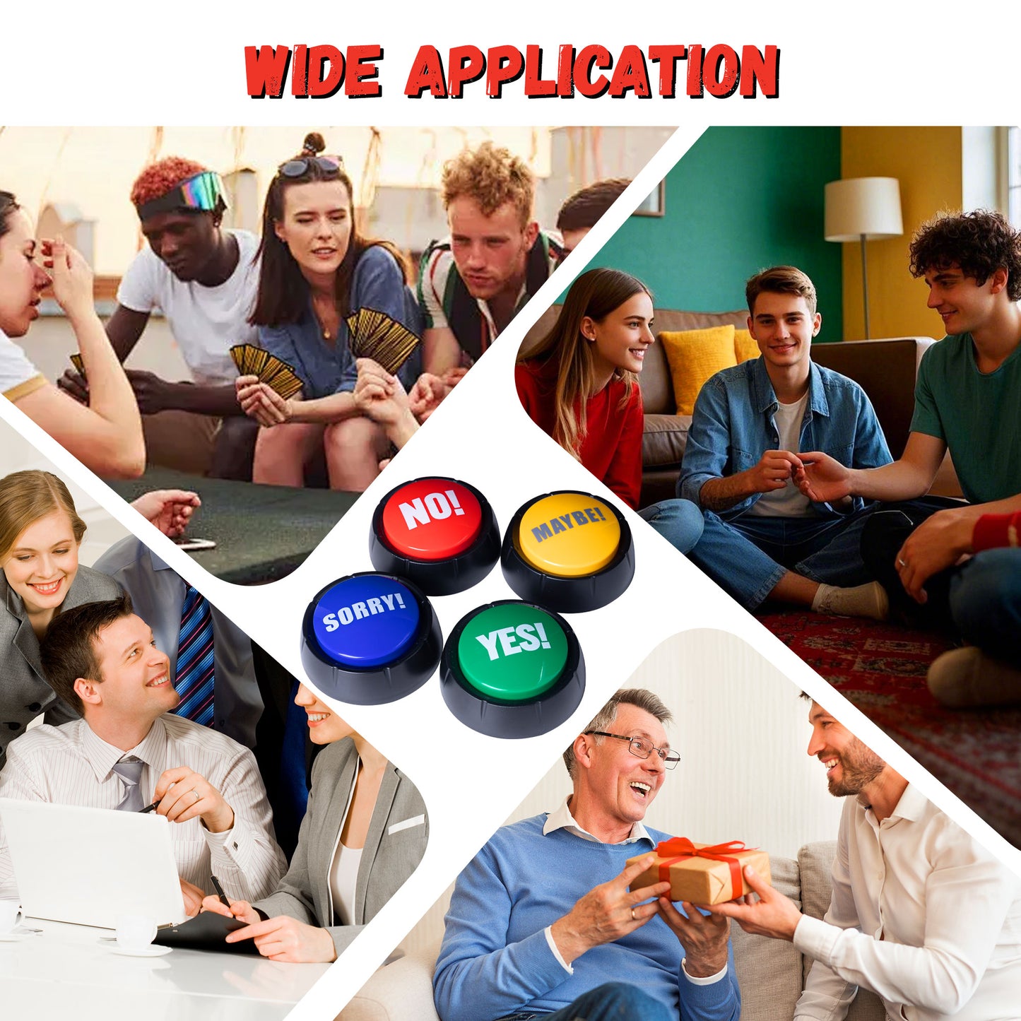 Yes & No Button and Sorry & Maybe Button with Sound 4 Pack Buzzers for Trivia Games and Family Game Answer Buzzers for Classroom Parties, Games, Office Stress Relief