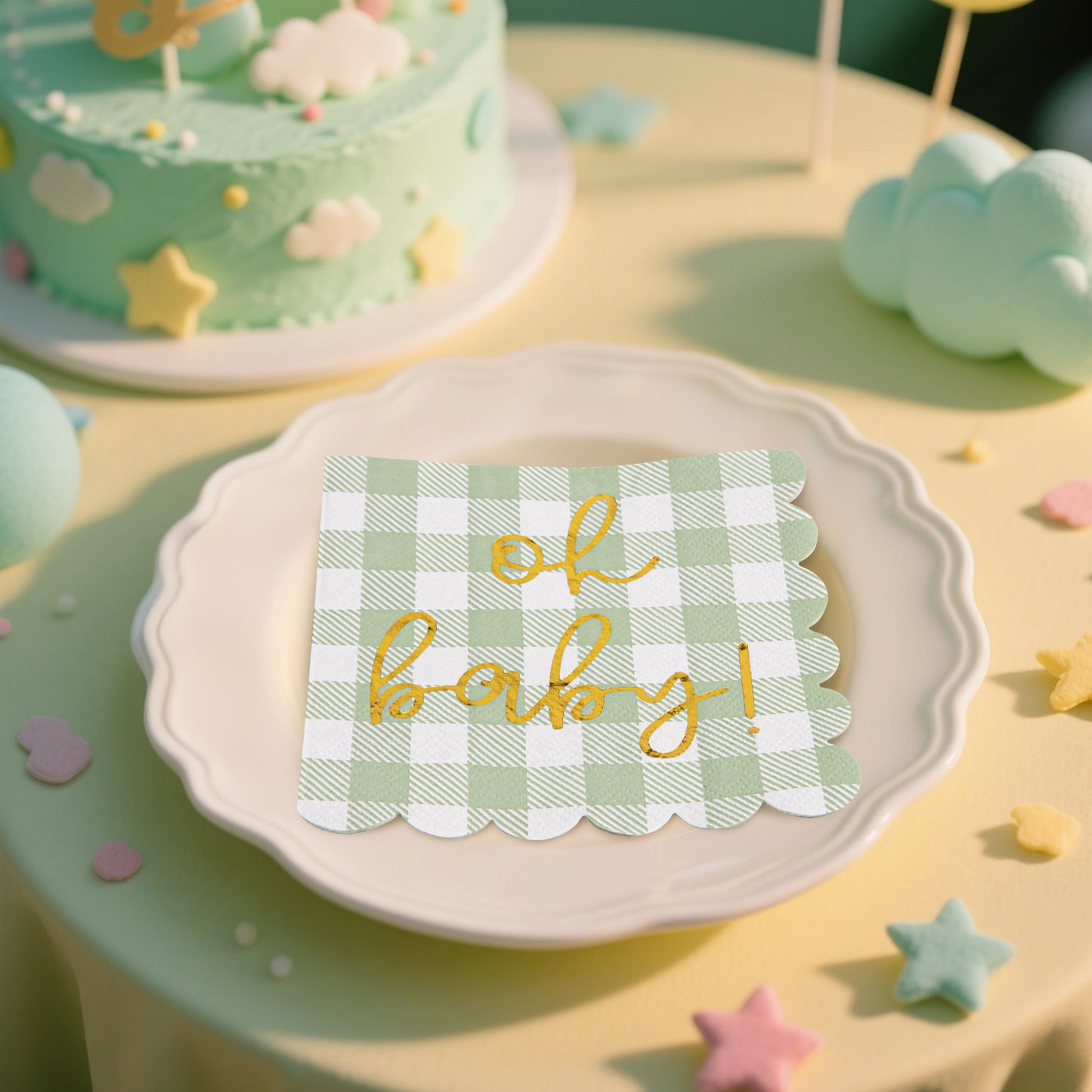 100 Pcs Baby Shower Napkin Plaid Cocktail Napkins Folded 5 x 5 Inches Disposable Paper Gold Foil “Oh Baby" Printed Napkins for Birthday Party Celebrations