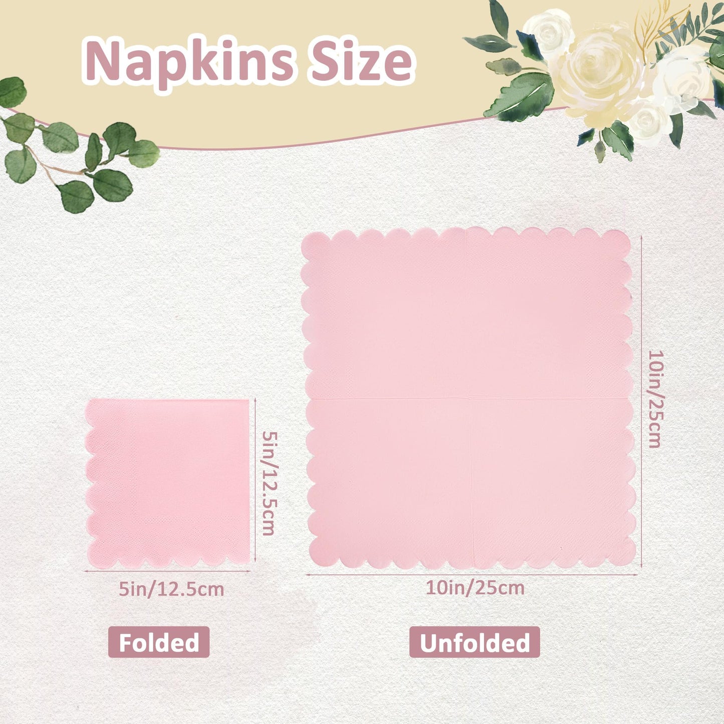 100 Pcs Cocktail Napkins Scalloped Edged Dessert Napkins Folded 5 x 5 Inches Pink Disposable Napkins for Dinner Wedding Birthday Party