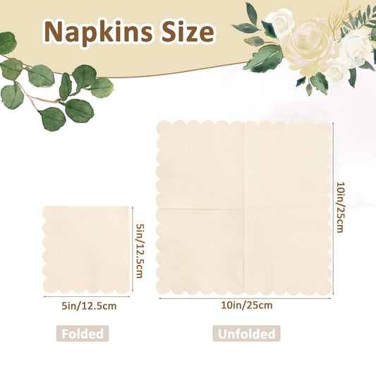 100 Pcs Milky White Napkins Scalloped Edged Dessert Cocktail Napkins Folded 5 x 5 Inches Disposable Napkins for Dinner Wedding Birthday Party