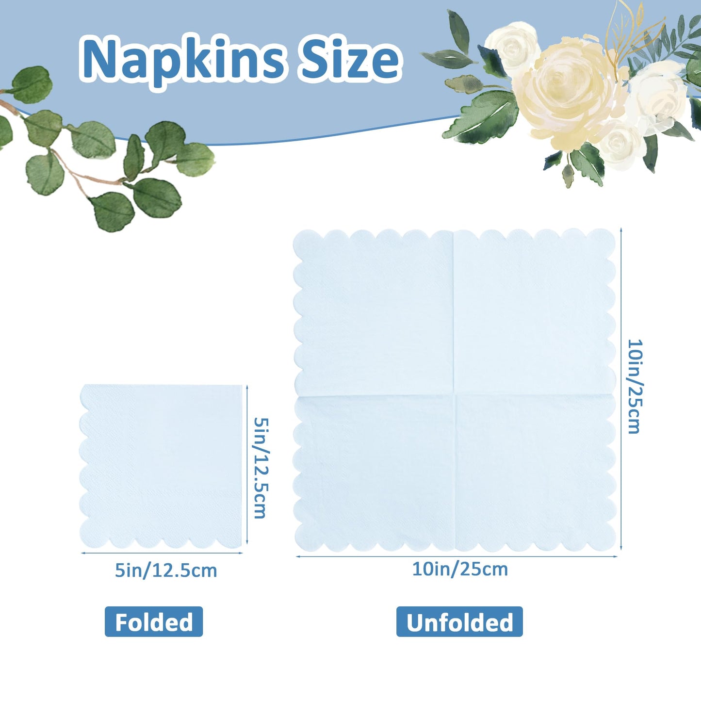 100 Pcs Light Blue Napkins Scalloped Edged Dessert Cocktail Napkins Folded 5 x 5 Inches Disposable Napkins for Dinner Wedding Birthday Party