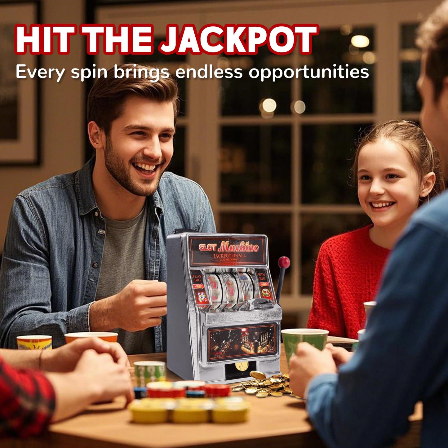 Slot Machine(4.8 * 6.8 inch) Lucky Sevens Family Slot Machines for Adults Without Win Sound Desktop Casino Games Toy & Practical Coin Piggy Bank for Adults - 1 Pack