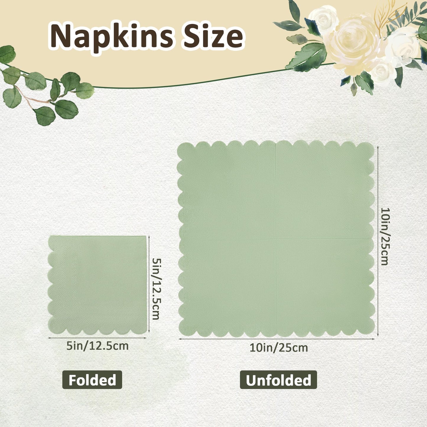 100 Pcs Sage Green Napkins Scalloped Edged Dessert Cocktail Napkins Folded 5 x 5 Inches Disposable Napkins for Dinner Wedding Birthday Party