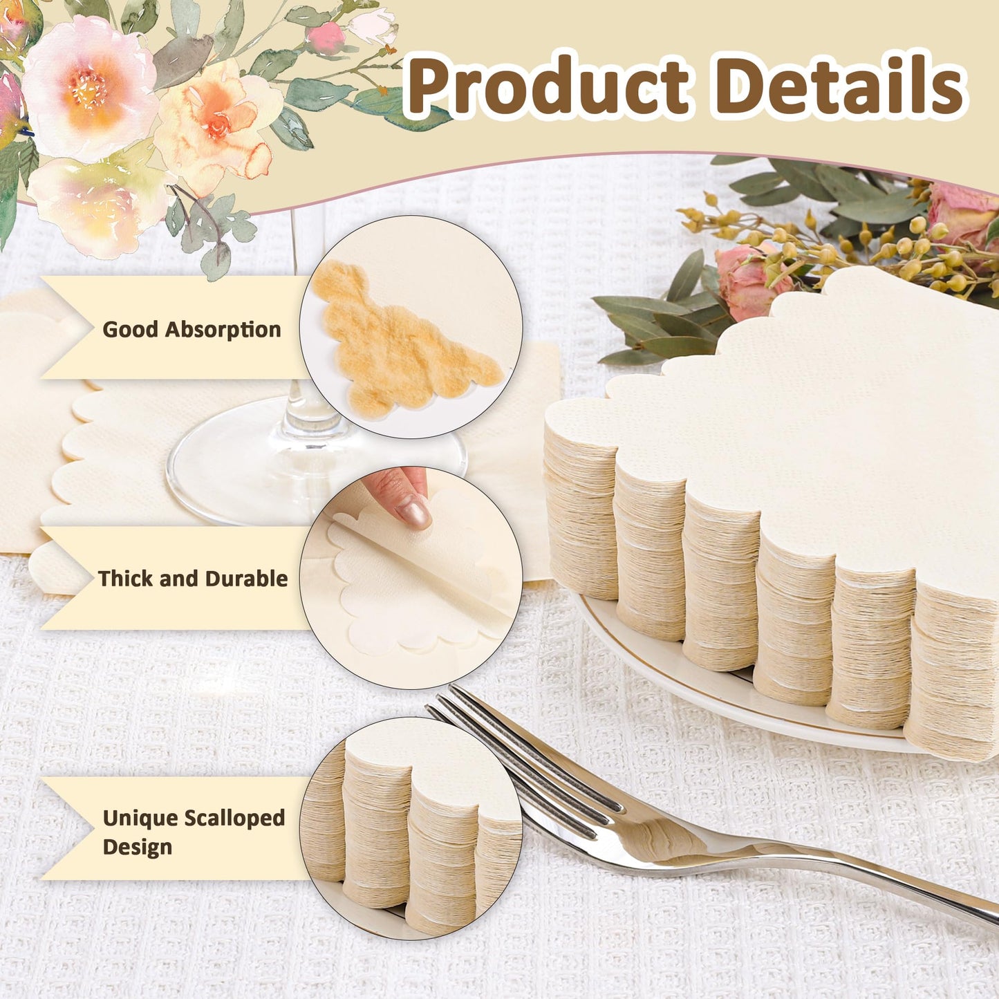 100 Pcs Milky White Napkins Scalloped Edged Dessert Cocktail Napkins Folded 5 x 5 Inches Disposable Napkins for Dinner Wedding Birthday Party