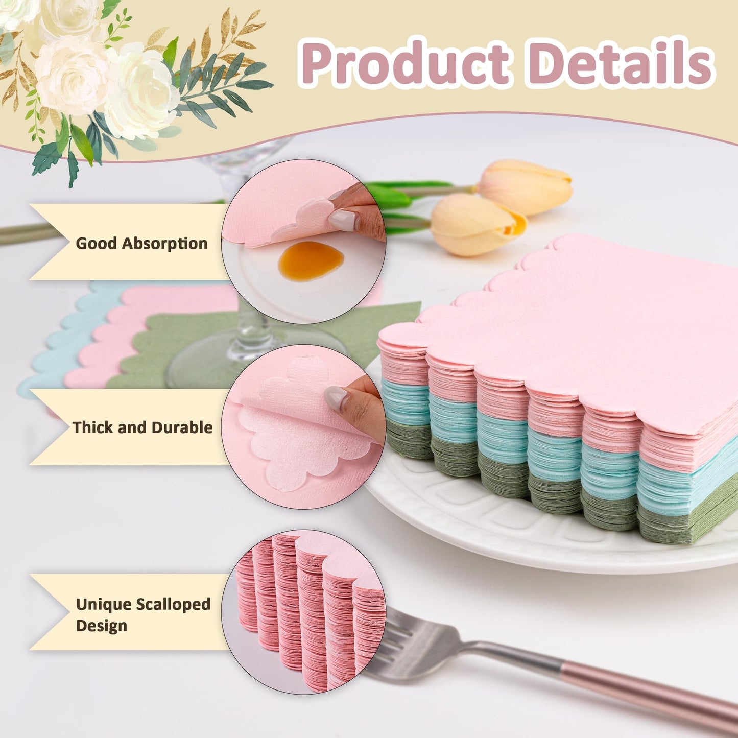 100 Pcs Cocktail Napkins Scalloped Edged Dessert Napkins Folded 5 x 5 Inches Pink Disposable Napkins for Dinner Wedding Birthday Party