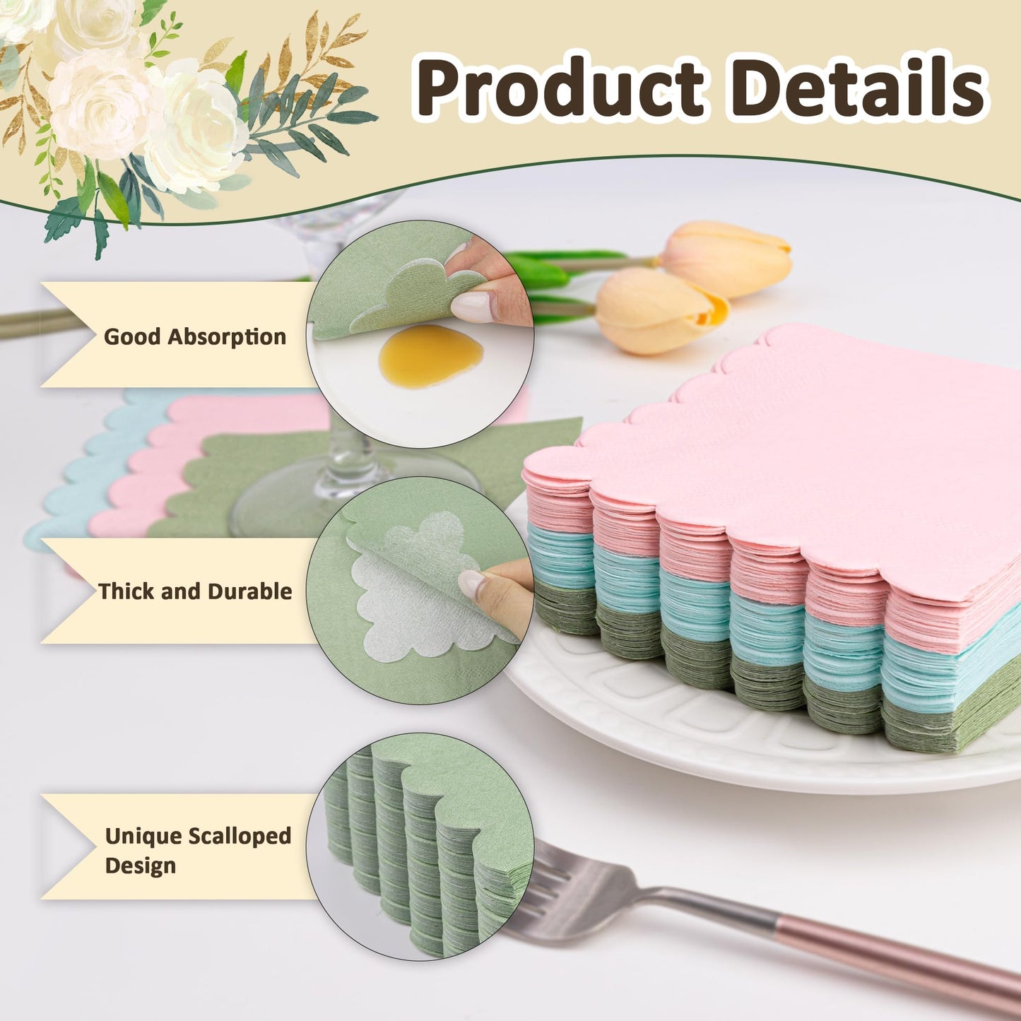 100 Pcs Sage Green Napkins Scalloped Edged Dessert Cocktail Napkins Folded 5 x 5 Inches Disposable Napkins for Dinner Wedding Birthday Party