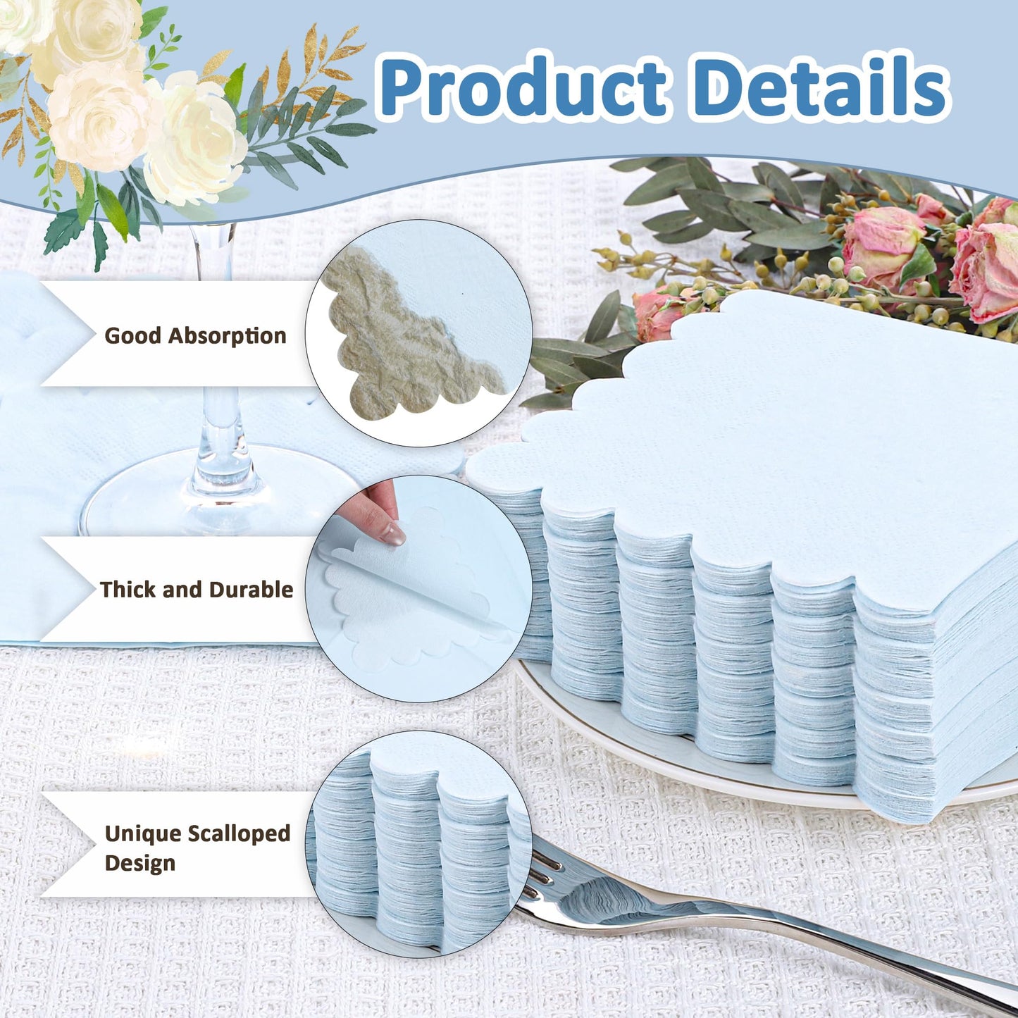 100 Pcs Light Blue Napkins Scalloped Edged Dessert Cocktail Napkins Folded 5 x 5 Inches Disposable Napkins for Dinner Wedding Birthday Party