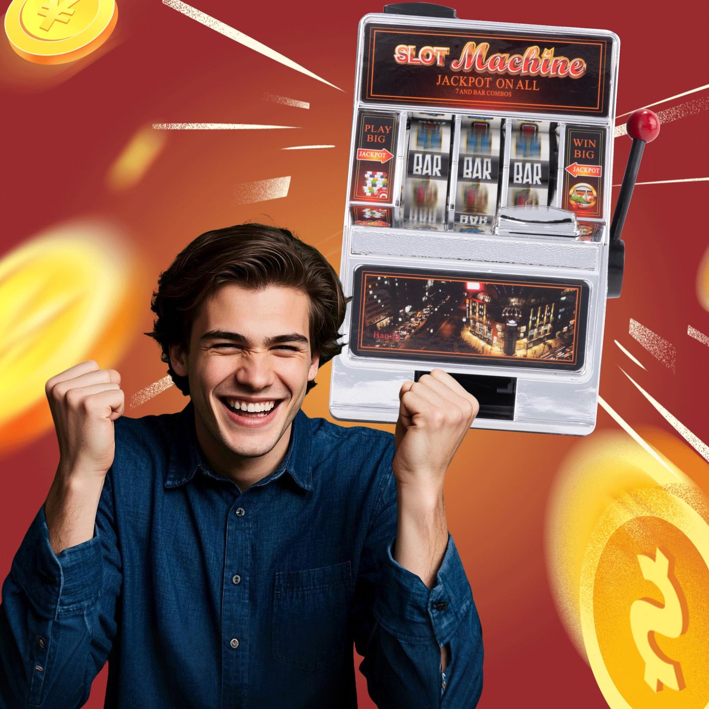 Slot Machine(4.8 * 6.8 inch) Lucky Sevens Family Slot Machines for Adults Without Win Sound Desktop Casino Games Toy & Practical Coin Piggy Bank for Adults - 1 Pack