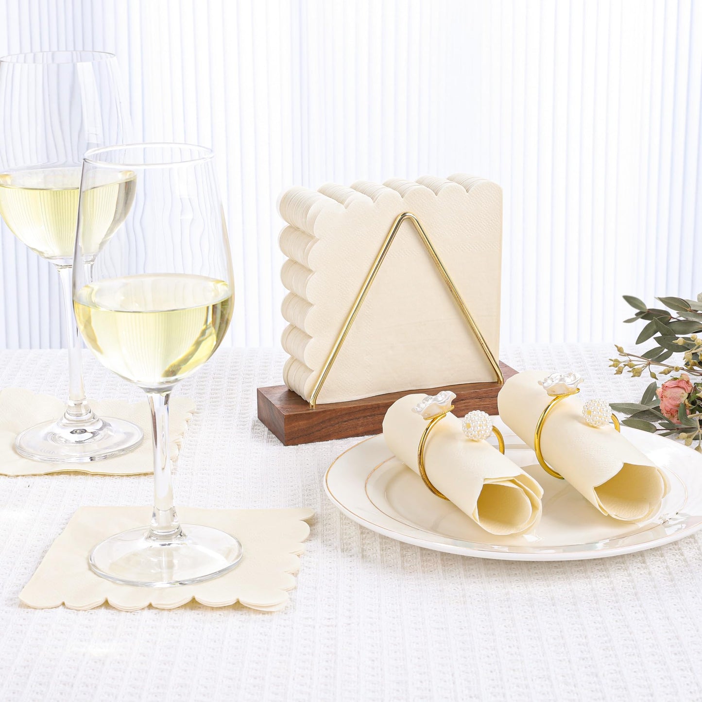 100 Pcs Milky White Napkins Scalloped Edged Dessert Cocktail Napkins Folded 5 x 5 Inches Disposable Napkins for Dinner Wedding Birthday Party