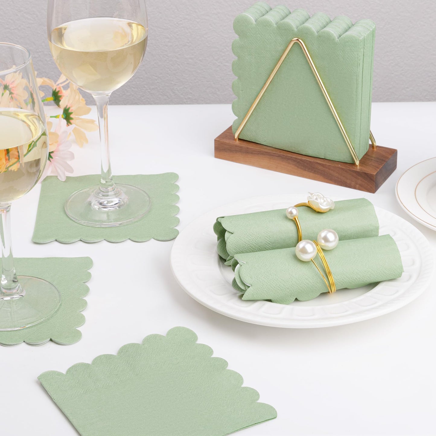 100 Pcs Sage Green Napkins Scalloped Edged Dessert Cocktail Napkins Folded 5 x 5 Inches Disposable Napkins for Dinner Wedding Birthday Party
