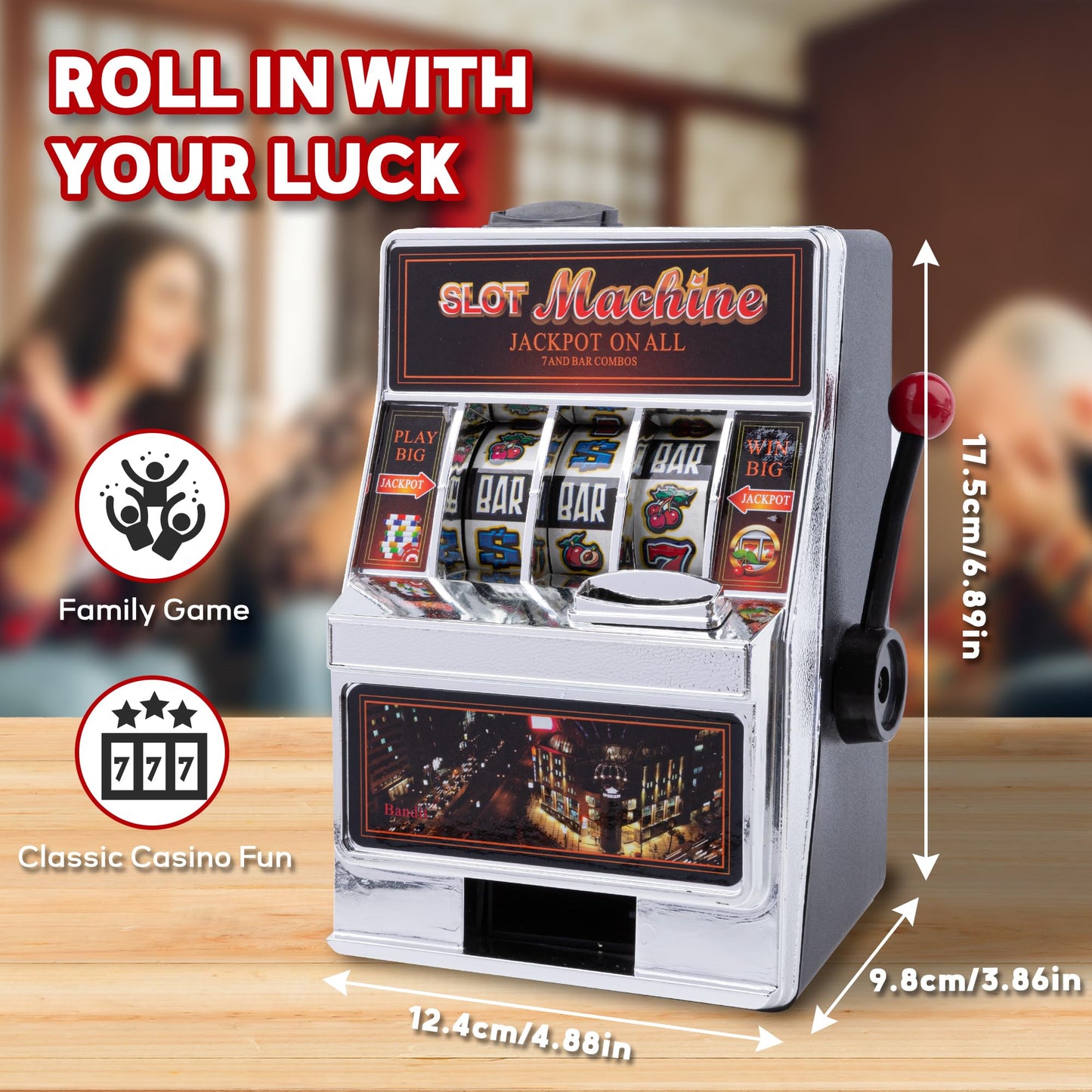 Slot Machine(4.8 * 6.8 inch) Lucky Sevens Family Slot Machines for Adults Without Win Sound Desktop Casino Games Toy & Practical Coin Piggy Bank for Adults - 1 Pack