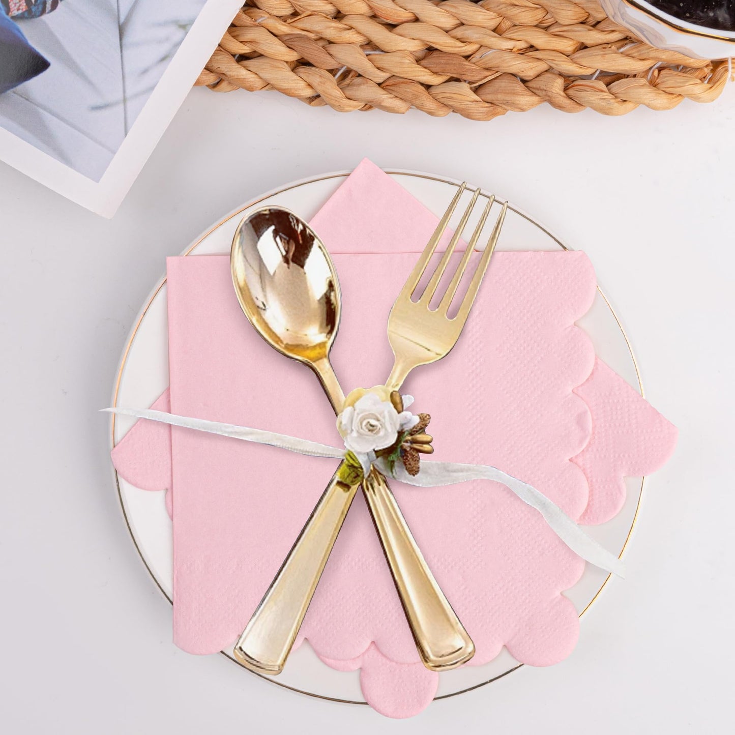 100 Pcs Cocktail Napkins Scalloped Edged Dessert Napkins Folded 5 x 5 Inches Pink Disposable Napkins for Dinner Wedding Birthday Party