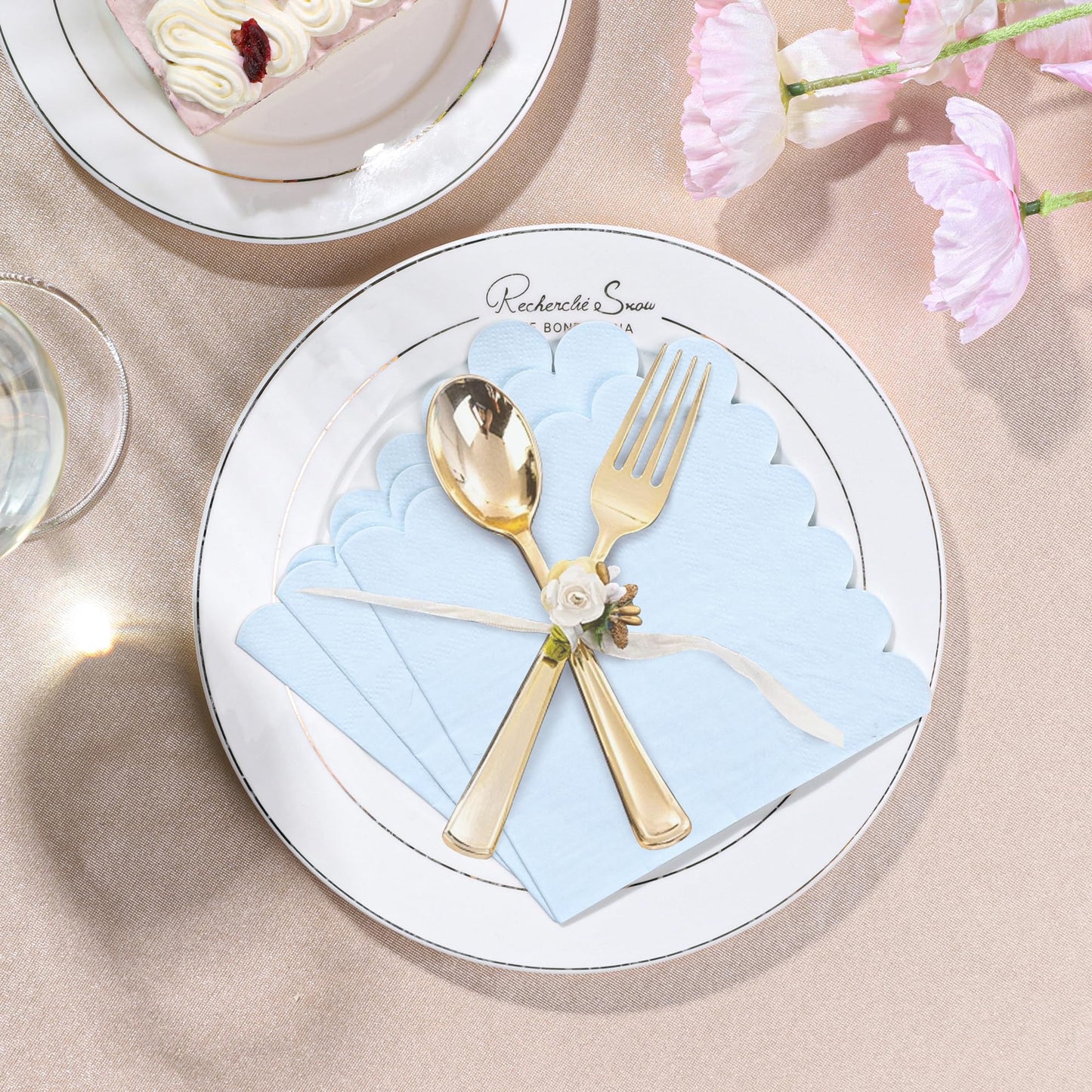 100 Pcs Light Blue Napkins Scalloped Edged Dessert Cocktail Napkins Folded 5 x 5 Inches Disposable Napkins for Dinner Wedding Birthday Party