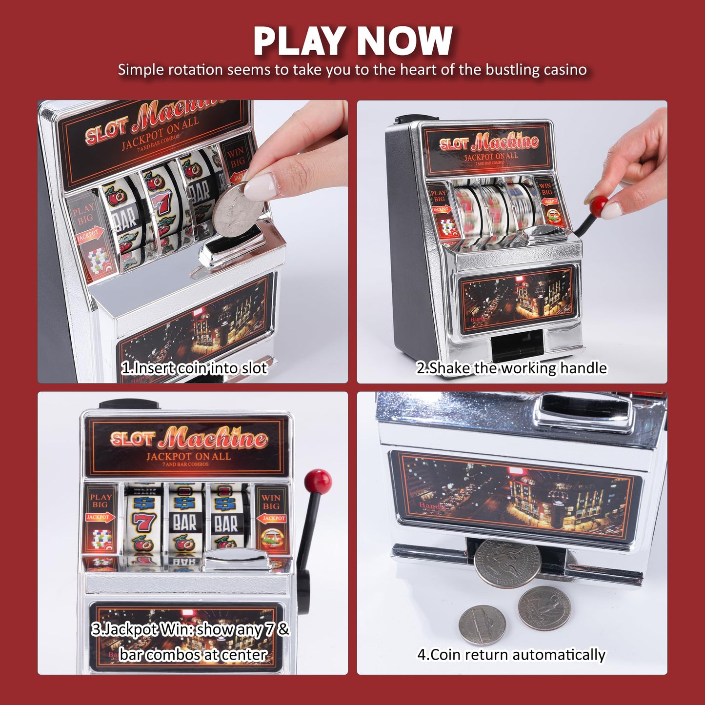 Slot Machine(4.8 * 6.8 inch) Lucky Sevens Family Slot Machines for Adults Without Win Sound Desktop Casino Games Toy & Practical Coin Piggy Bank for Adults - 1 Pack