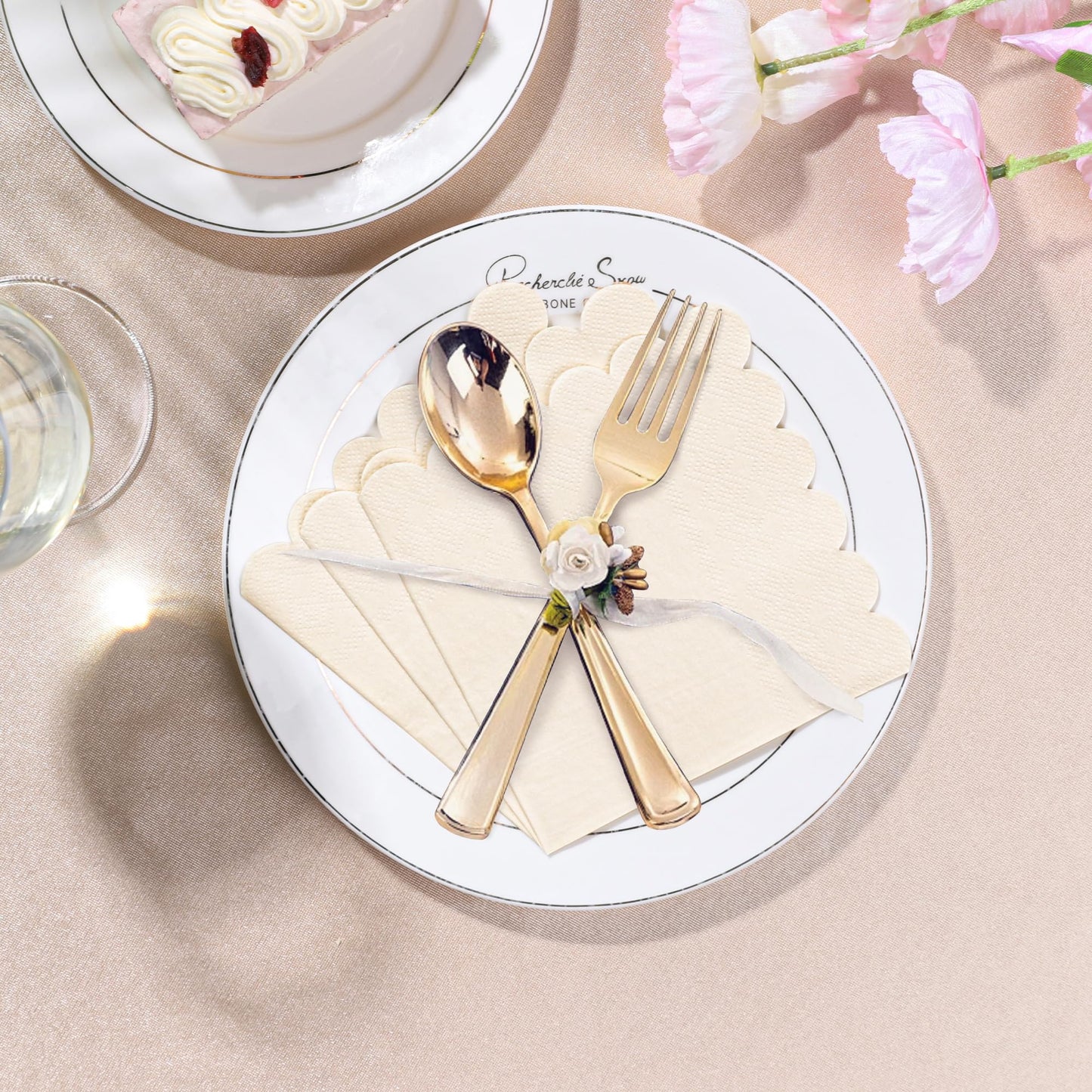 100 Pcs Milky White Napkins Scalloped Edged Dessert Cocktail Napkins Folded 5 x 5 Inches Disposable Napkins for Dinner Wedding Birthday Party