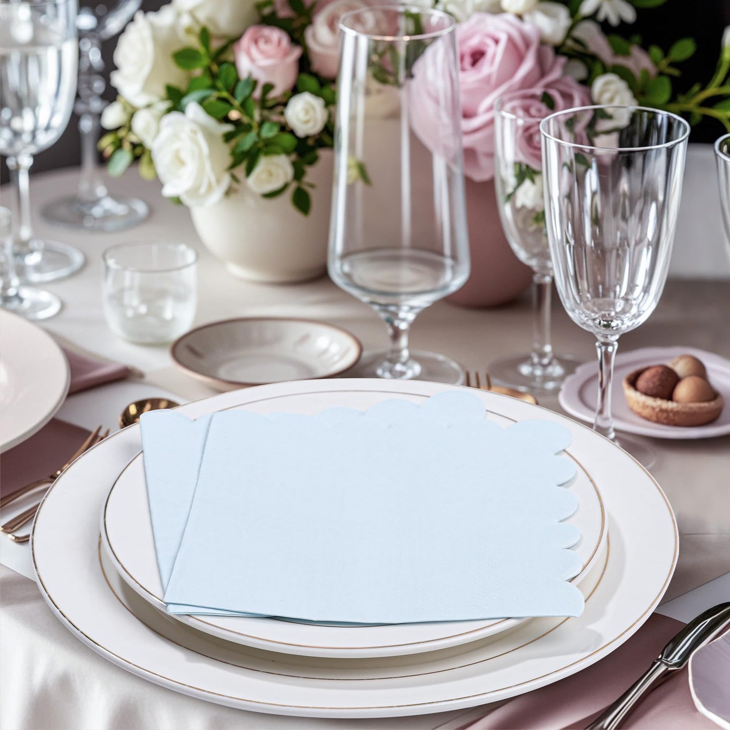 100 Pcs Light Blue Napkins Scalloped Edged Dessert Cocktail Napkins Folded 5 x 5 Inches Disposable Napkins for Dinner Wedding Birthday Party