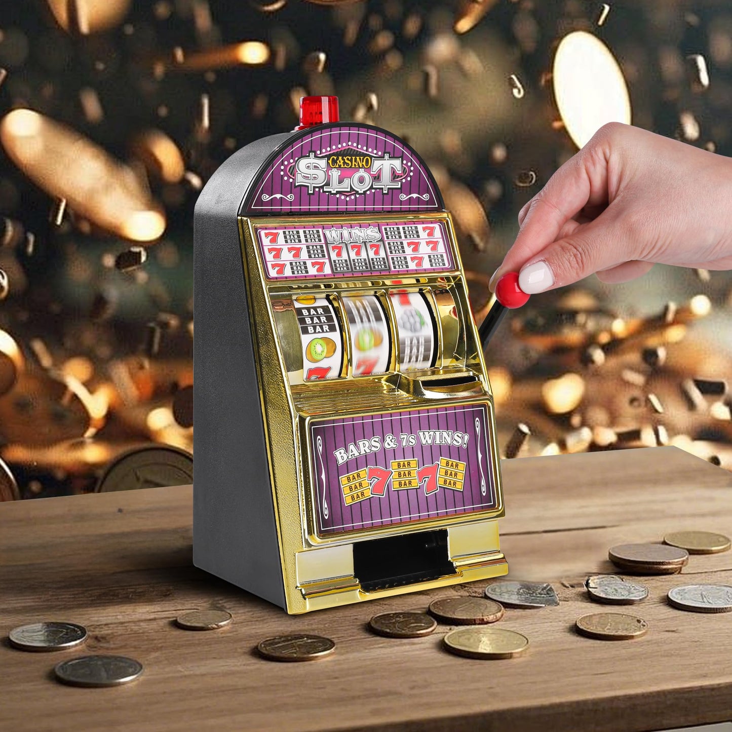 Slot Machine Money Bank for Adults, Lucky Seven Casino Games Toy Piggy Bank with Flashing Lights and Jackpot Sounds for Party and Family-Purple