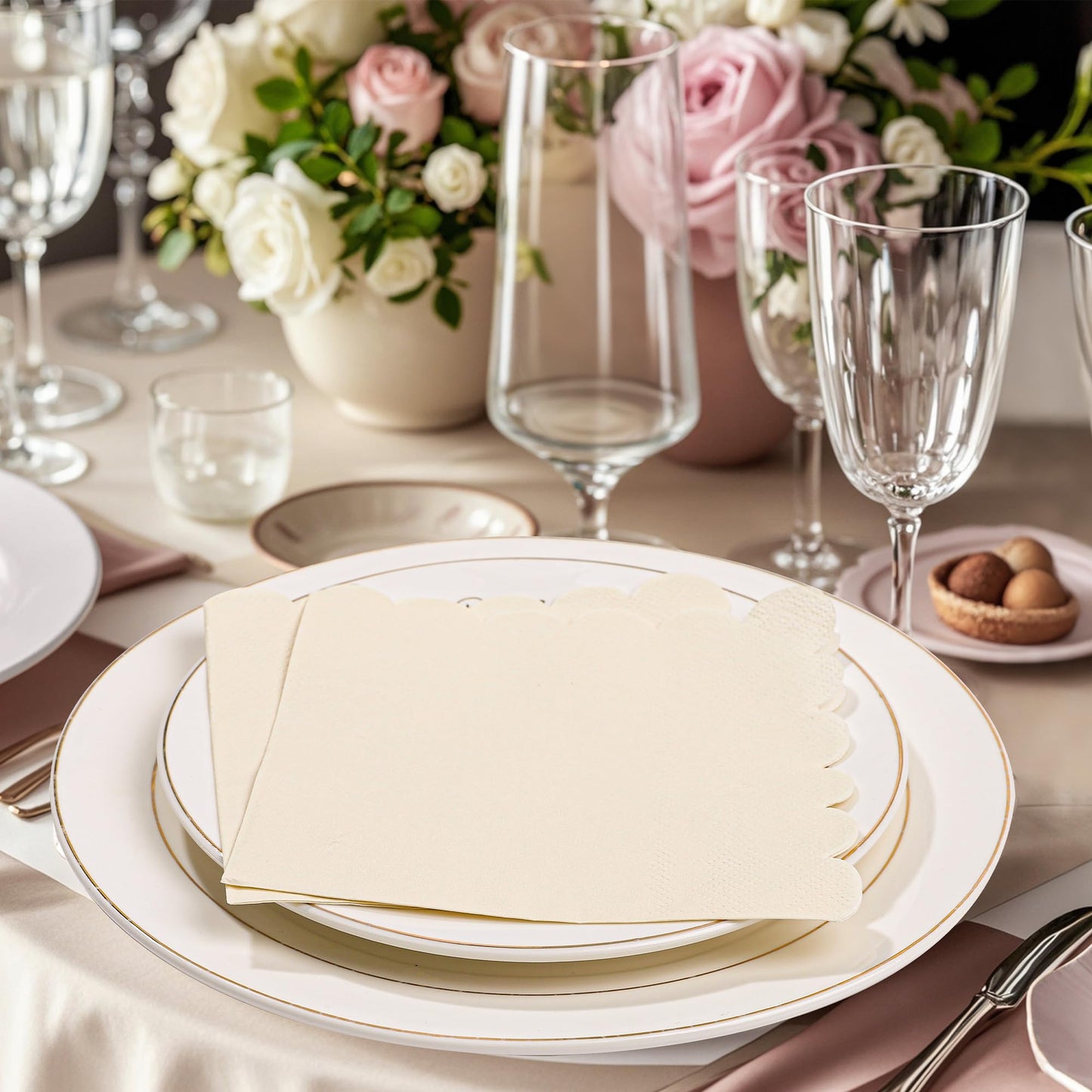 100 Pcs Milky White Napkins Scalloped Edged Dessert Cocktail Napkins Folded 5 x 5 Inches Disposable Napkins for Dinner Wedding Birthday Party