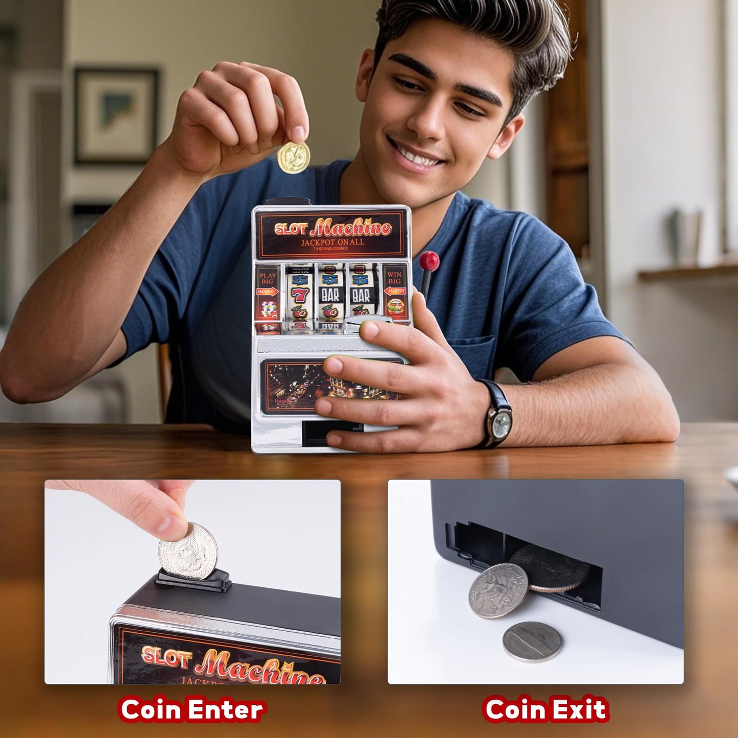 Slot Machine(4.8 * 6.8 inch) Lucky Sevens Family Slot Machines for Adults Without Win Sound Desktop Casino Games Toy & Practical Coin Piggy Bank for Adults - 1 Pack