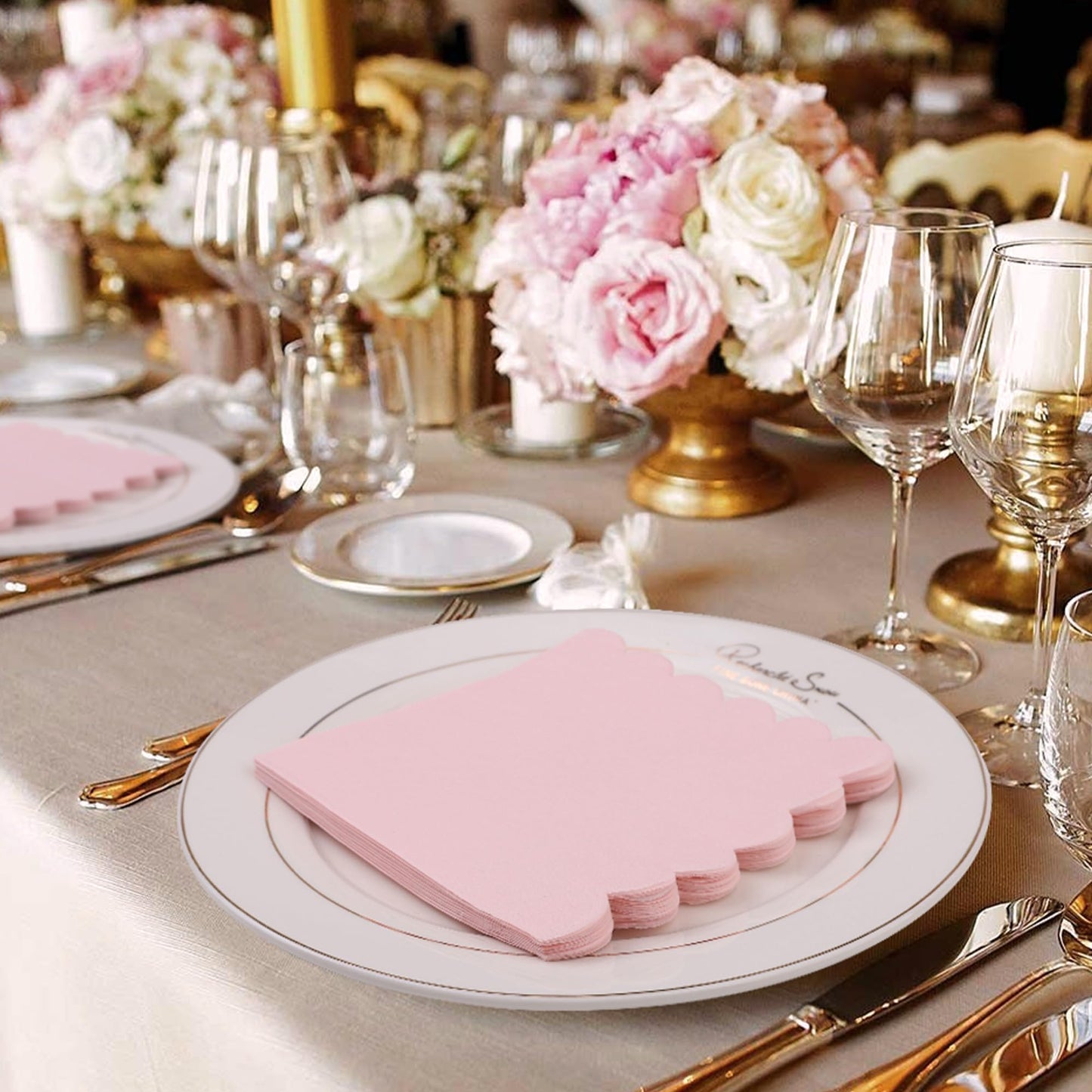 100 Pcs Cocktail Napkins Scalloped Edged Dessert Napkins Folded 5 x 5 Inches Pink Disposable Napkins for Dinner Wedding Birthday Party